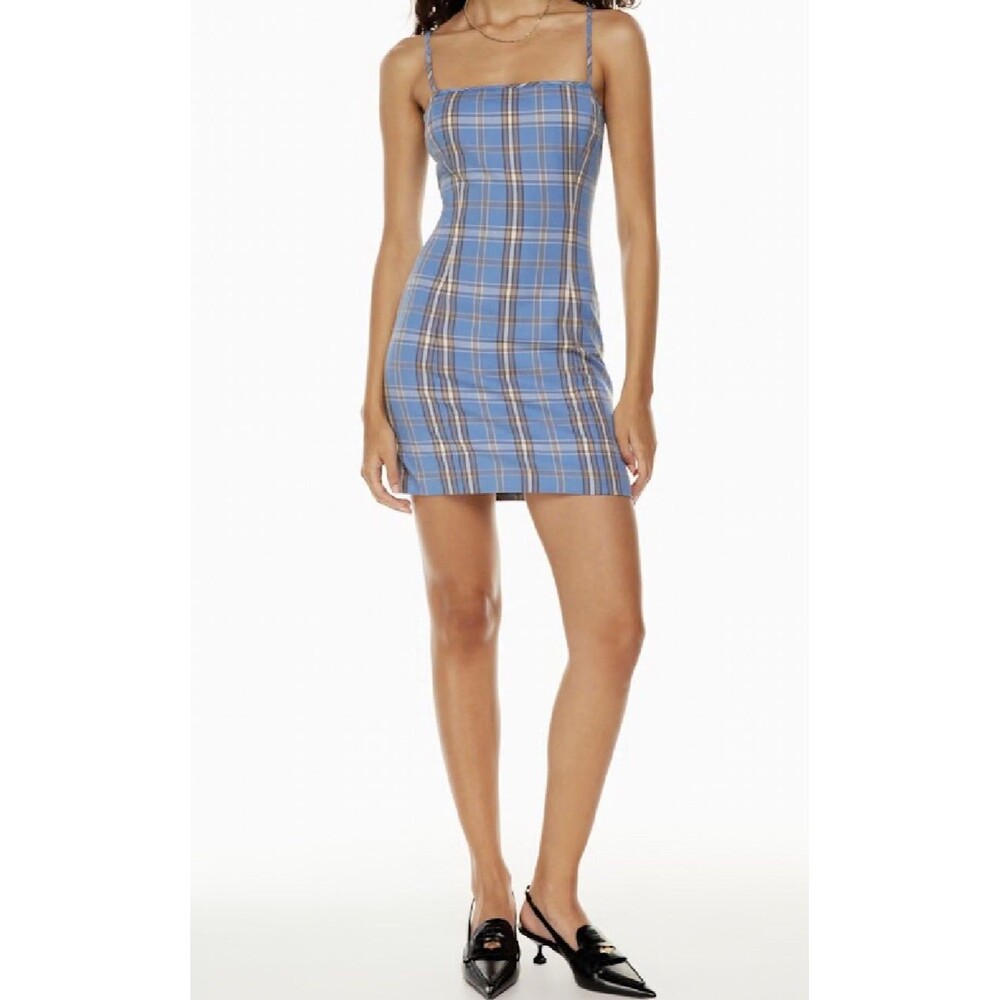 Aritzia Sunday Best Shimmer Blue Plaid Mini Tube Dress US 8 Feminine Casual